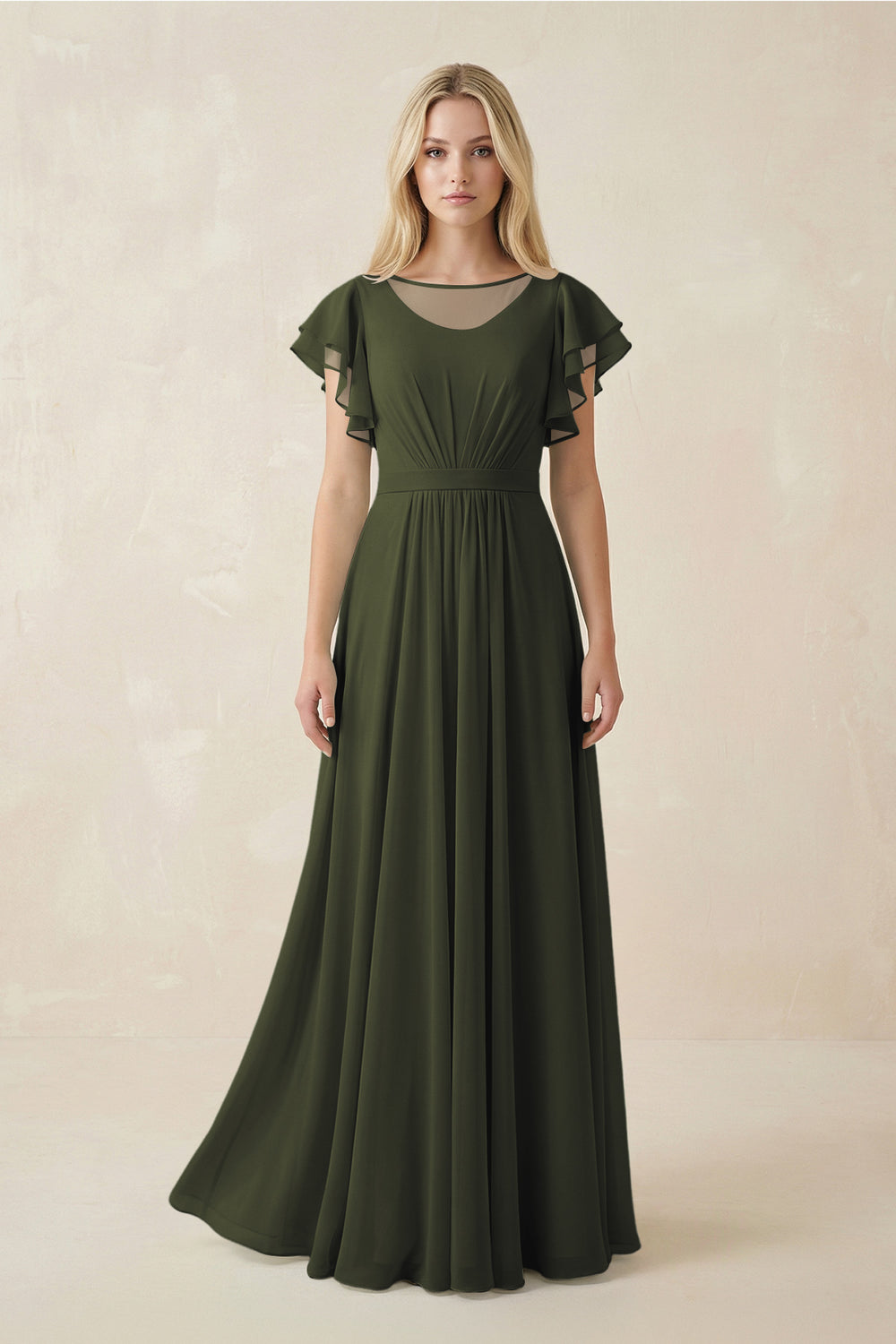 Cap Sleeve Ruffled A-Line Chiffon Bridesmaid Dress in Olive