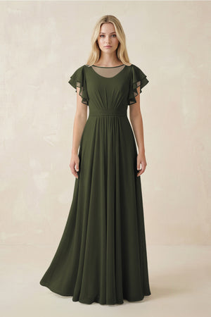 Olive Cap Sleeve Ruffled A-Line Chiffon Bridesmaid Dress | KISSBRIDAL