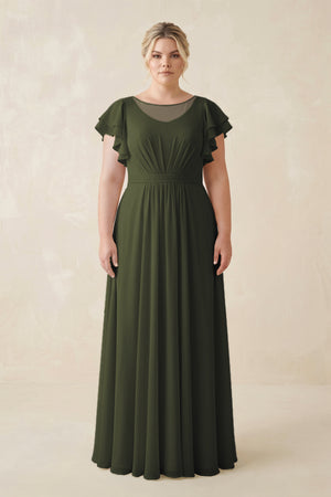 Olive Cap Sleeve Ruffled A-Line Chiffon Bridesmaid Dress | KISSBRIDAL