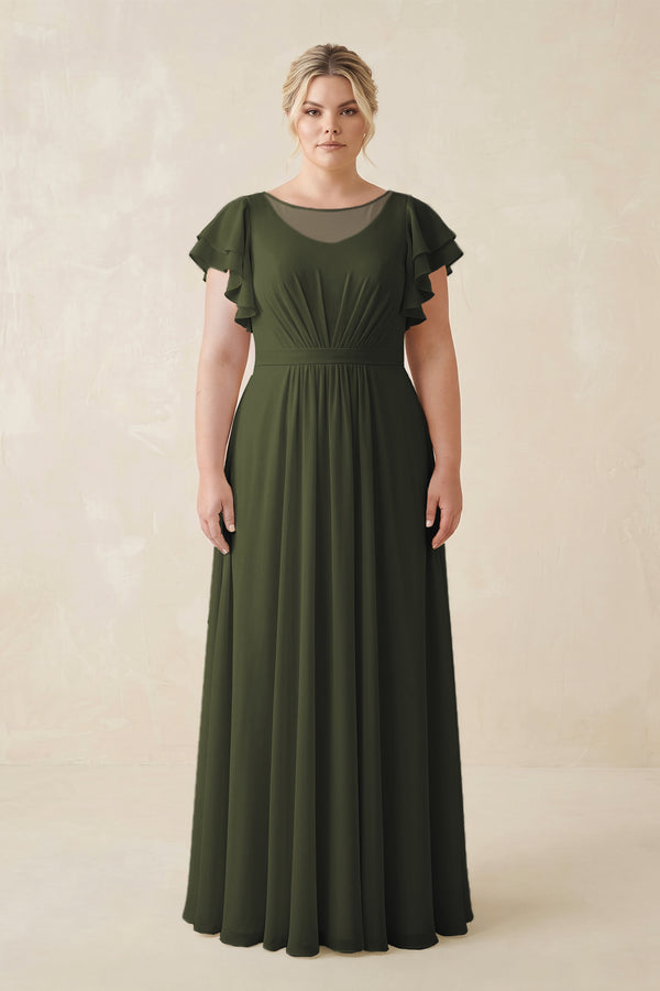 Olive Cap Sleeve Ruffled A-Line Chiffon Bridesmaid Dress | KISSBRIDAL