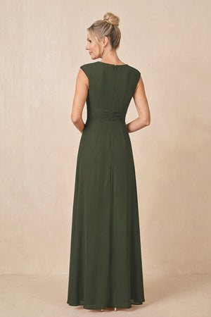 Olive Cap Sleeves A-Line Chiffon Pleated Ruffled Mother of the Bride Dress (2) | KISSBRIDAL
