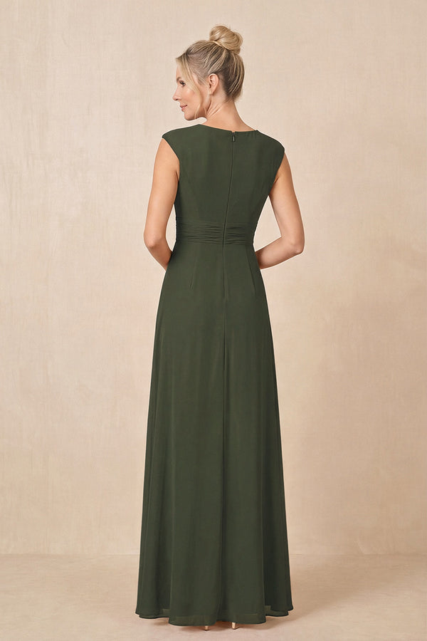 Olive Cap Sleeves A-Line Chiffon Pleated Ruffled Mother of the Bride Dress (2) | KISSBRIDAL