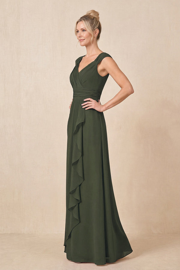 Olive Cap Sleeves A-Line Chiffon Pleated Ruffled Mother of the Bride Dress (3) | KISSBRIDAL
