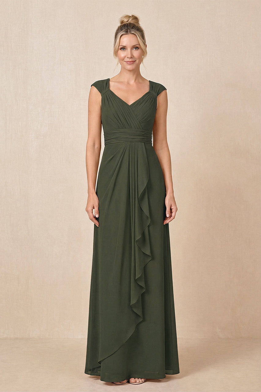 Olive Cap Sleeves A-Line Chiffon Pleated Ruffled Mother of the Bride Dress