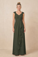 Olive Cap Sleeves A-Line Chiffon Pleated Ruffled Mother of the Bride Dress | KISSBRIDAL