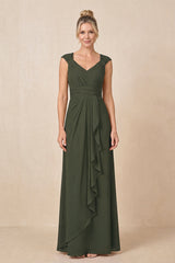 Olive Cap Sleeves A-Line Chiffon Pleated Ruffled Mother of the Bride Dress | KISSBRIDAL