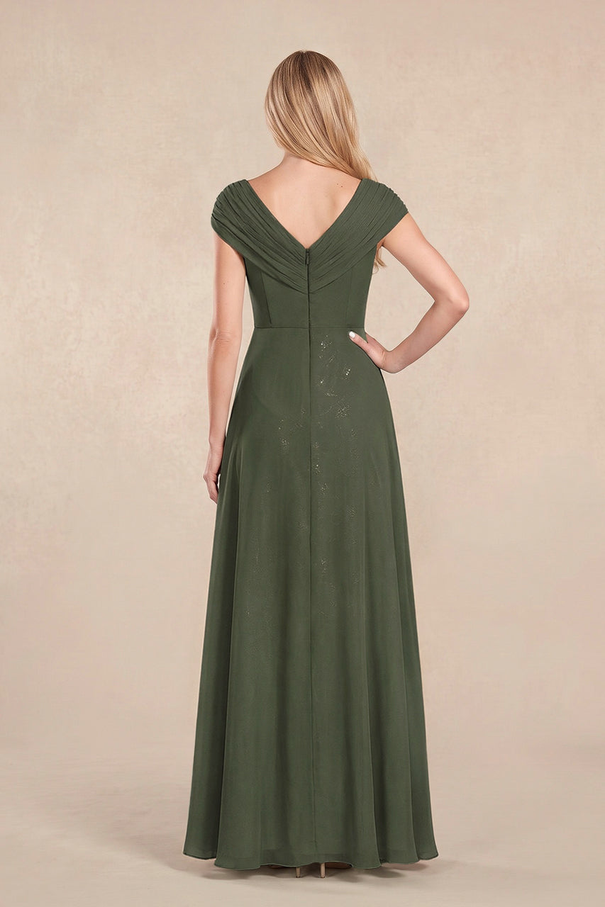 Olive Cap Sleeves Chiffon A-Line Lace V-Neck Mother of the Bride Dress