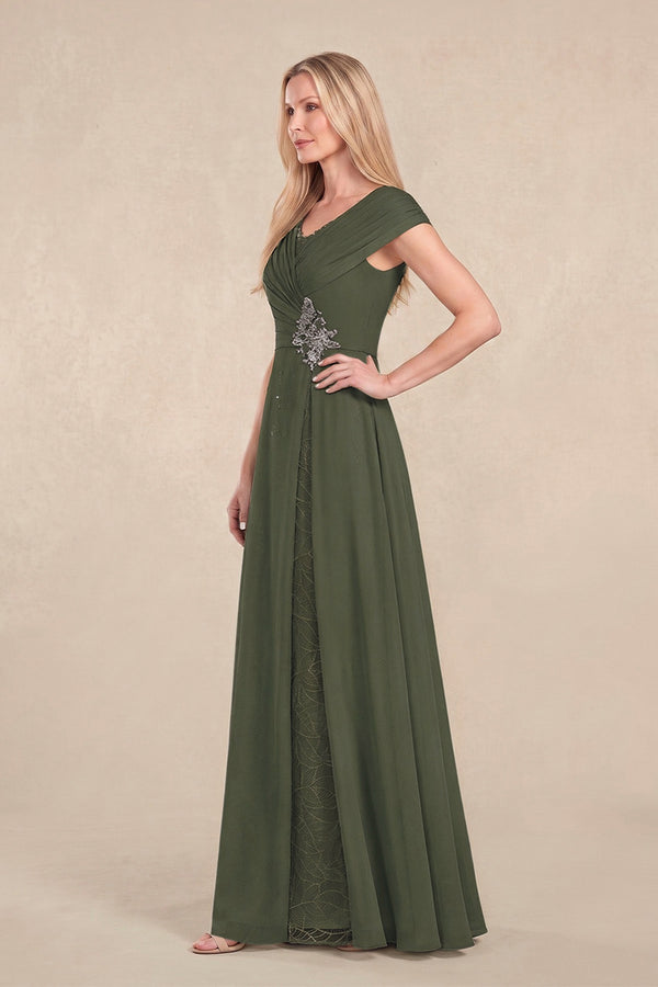 Olive Cap Sleeves Chiffon A-Line Lace V-Neck Mother of the Bride Dress (3) | KISSBRIDAL