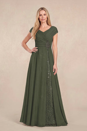 Olive Cap Sleeves Chiffon A-Line Lace V-Neck Mother of the Bride Dress | KISSBRIDAL