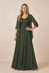 Olive Cape Sleeves A-Line Chiffon Scoop Neck Embroidered Mother of the Bride Dress | KISSBRIDAL