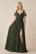 Olive Chiffon A-Line Bridesmaid Dress with Slit | KISSBRIDAL