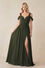 Olive Chiffon A-Line Bridesmaid Dress with Slit | KISSBRIDAL