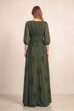 Olive Chiffon A-Line Embroidered Boat Neck Long Mother of the Bride Dress (2) | KISSBRIDAL