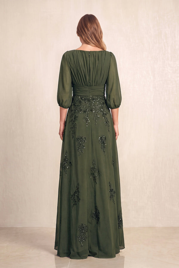 Olive Chiffon A-Line Embroidered Boat Neck Long Mother of the Bride Dress (2) | KISSBRIDAL
