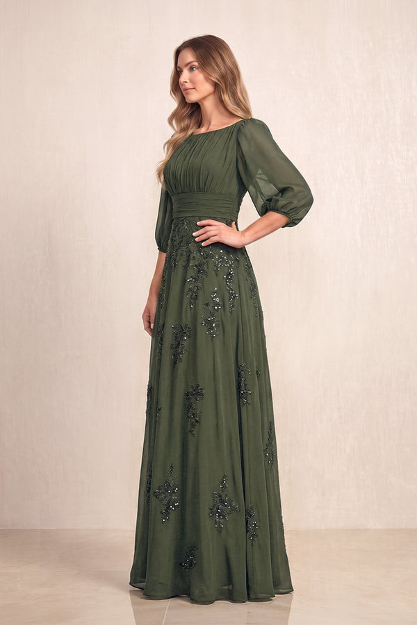 Olive Chiffon A-Line Embroidered Boat Neck Long Mother of the Bride Dress (3) | KISSBRIDAL