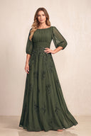 Olive Chiffon A-Line Embroidered Boat Neck Long Mother of the Bride Dress | KISSBRIDAL