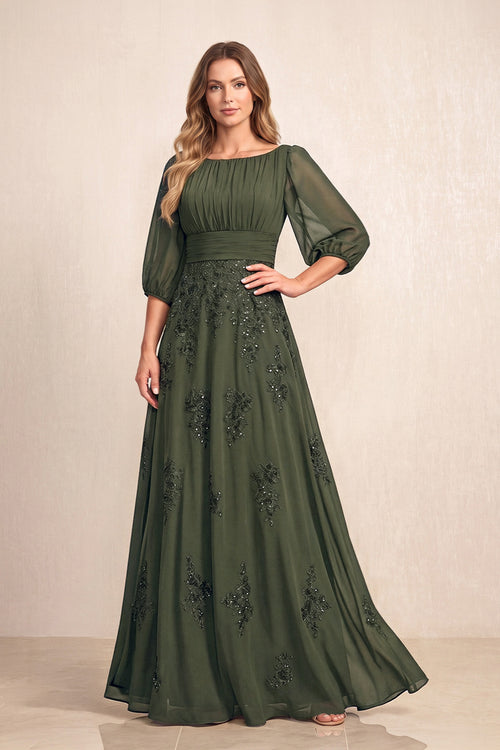 Olive Chiffon A-Line Embroidered Boat Neck Long Mother of the Bride Dress | KISSBRIDAL