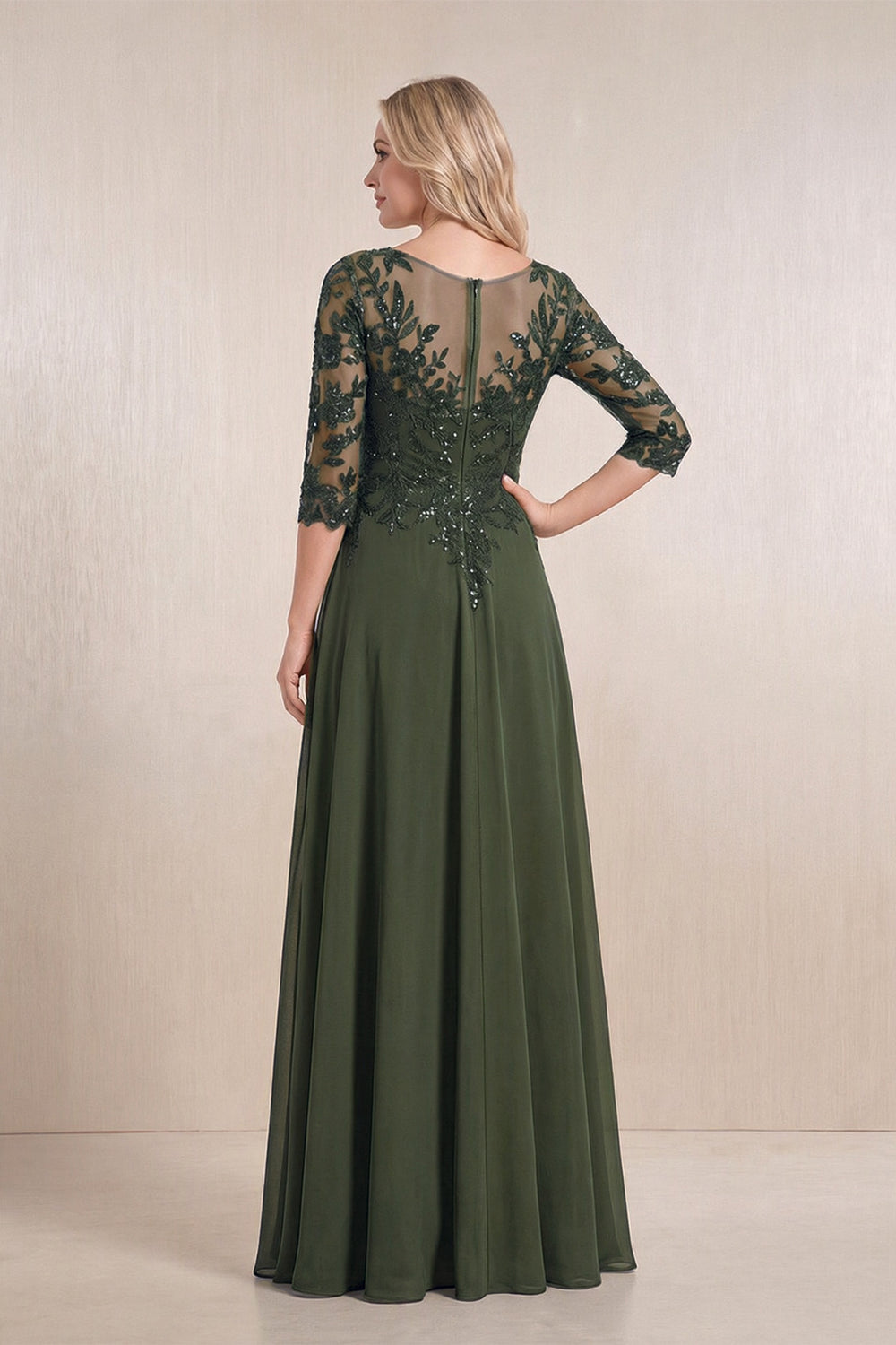 Olive Chiffon A-Line Embroidered Mother of the Bride Dress With Sleeves