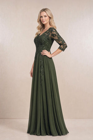 Olive Chiffon A-Line Embroidered Mother of the Bride Dress With Sleeves (3) | KISSBRIDAL