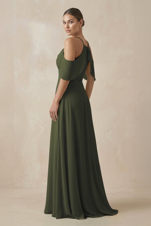 Olive Chiffon A-Line Long Bridesmaid Dress (2) | KISSBRIDAL