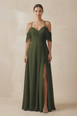Olive Chiffon A-Line Long Bridesmaid Dress | KISSBRIDAL
