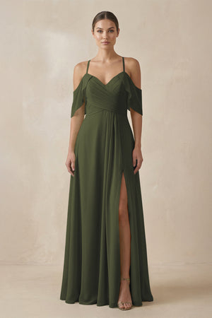Olive Chiffon A-Line Long Bridesmaid Dress | KISSBRIDAL