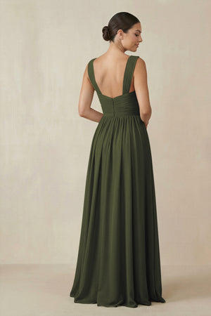 Olive Chiffon A-Line Pleated Bridesmaid Dress (2) | KISSBRIDAL