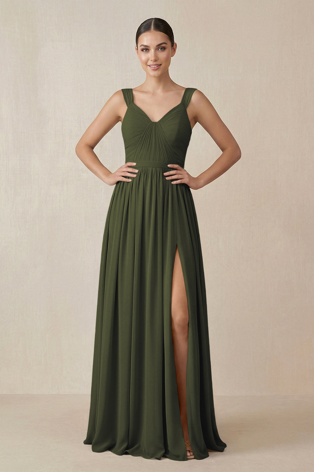Chiffon A-Line Pleated Bridesmaid Dress in Olive