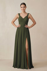 Olive Chiffon A-Line Pleated Bridesmaid Dress | KISSBRIDAL