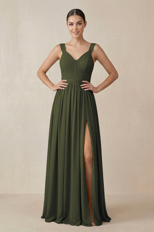Olive Chiffon A-Line Pleated Bridesmaid Dress | KISSBRIDAL