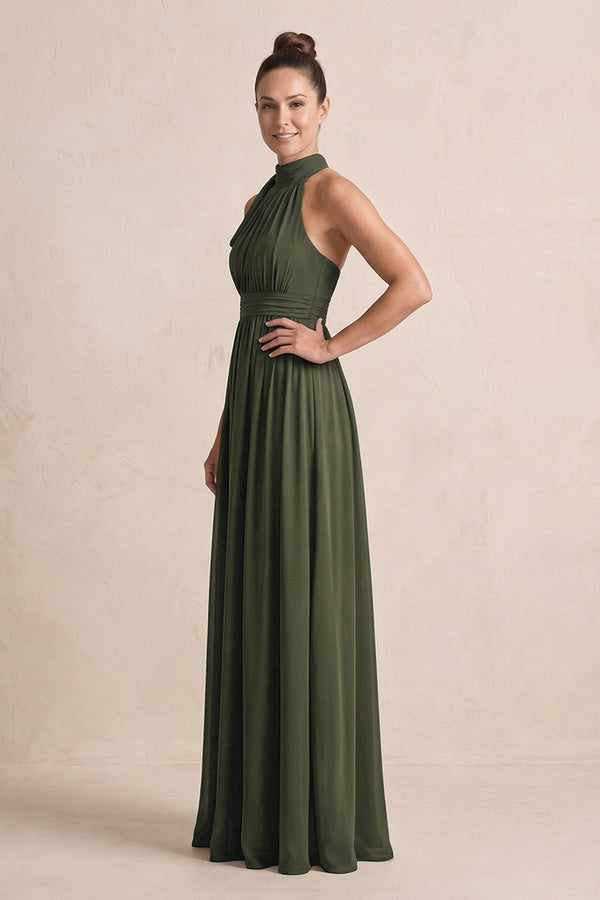 Olive Chiffon Halter A-Line Mother of the Bride Dress (3) | KISSBRIDAL