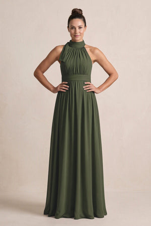 Olive Chiffon Halter A-Line Mother of the Bride Dress | KISSBRIDAL