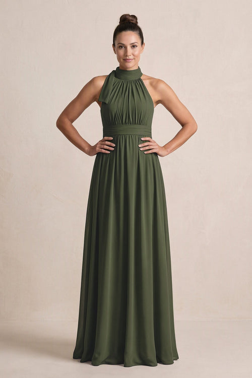 Olive Chiffon Halter A-Line Mother of the Bride Dress | KISSBRIDAL