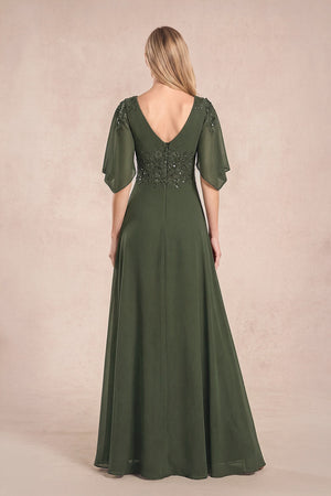 Olive Chiffon Lone Sleeves A-Line V-Neck Embroidered Mother of the Bride Dress (2) | KISSBRIDAL