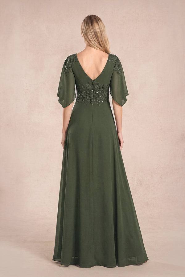 Olive Chiffon Lone Sleeves A-Line V-Neck Embroidered Mother of the Bride Dress (2) | KISSBRIDAL