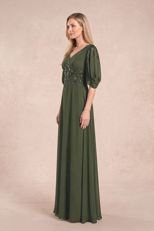 Olive Chiffon Lone Sleeves A-Line V-Neck Embroidered Mother of the Bride Dress (3) | KISSBRIDAL