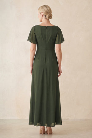 Olive Chiffon Ruched A-Line Ruffled Sleeves Midi Mother of the Bride Dress (2) | KISSBRIDAL