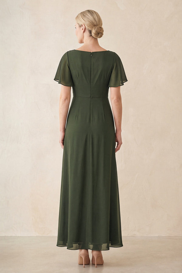 Olive Chiffon Ruched A-Line Ruffled Sleeves Midi Mother of the Bride Dress (2) | KISSBRIDAL