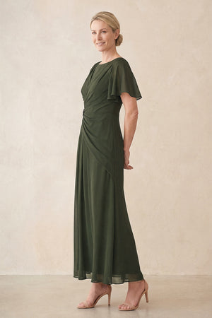 Olive Chiffon Ruched A-Line Ruffled Sleeves Midi Mother of the Bride Dress (3) | KISSBRIDAL
