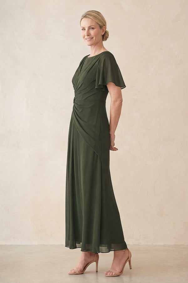 Olive Chiffon Ruched A-Line Ruffled Sleeves Midi Mother of the Bride Dress (3) | KISSBRIDAL