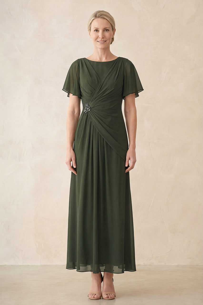 Olive Chiffon Ruched A-Line Ruffled Sleeves Midi Mother of the Bride Dress
