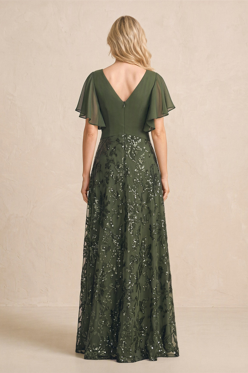 Olive Chiffon V-Neck A-Line Embroidered Mother of the Bride Dress with Ruffled Sleeves