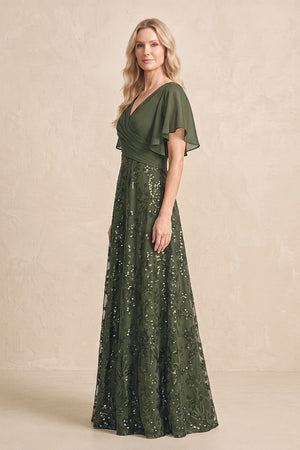 Olive Chiffon V-Neck A-Line Embroidered Mother of the Bride Dress with Ruffled Sleeves (3) | KISSBRIDAL