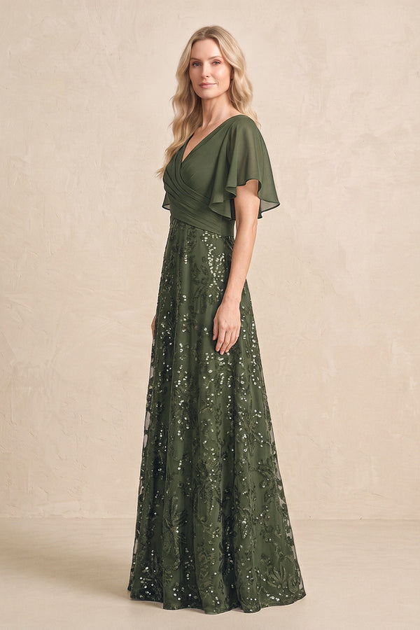 Olive Chiffon V-Neck A-Line Embroidered Mother of the Bride Dress with Ruffled Sleeves (3) | KISSBRIDAL