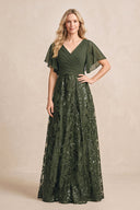 Olive Chiffon V-Neck A-Line Embroidered Mother of the Bride Dress with Ruffled Sleeves | KISSBRIDAL