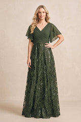 Olive Chiffon V-Neck A-Line Embroidered Mother of the Bride Dress with Ruffled Sleeves | KISSBRIDAL
