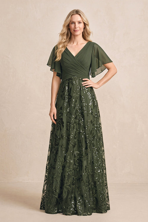 Olive Chiffon V-Neck A-Line Embroidered Mother of the Bride Dress with Ruffled Sleeves | KISSBRIDAL