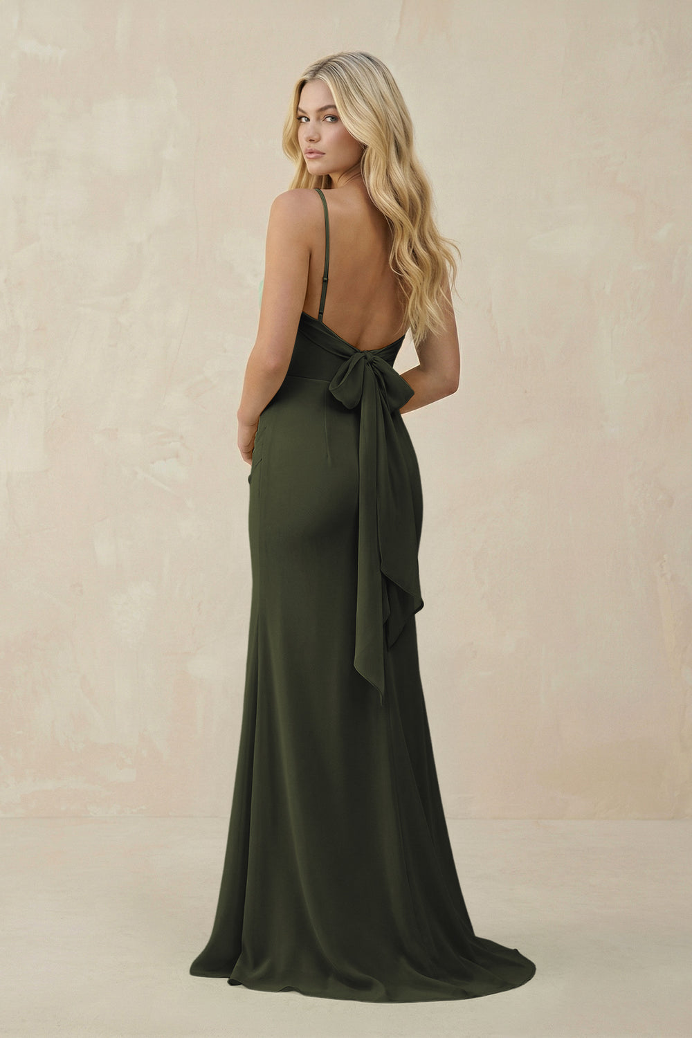 Cowl Neck Sheath Chiffon Bridesmaid Dress with Corset in Olive