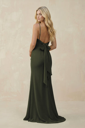 Olive Cowl Neck Sheath Chiffon Bridesmaid Dress with Corset (2) | KISSBRIDAL