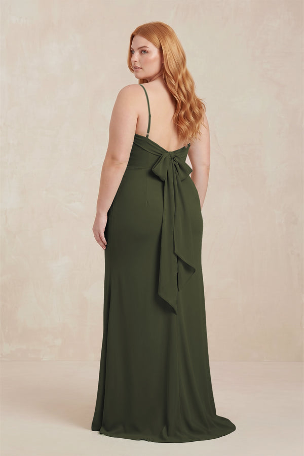 Olive Cowl Neck Sheath Chiffon Bridesmaid Dress with Corset (2)  [sizeplus]| KISSBRIDAL